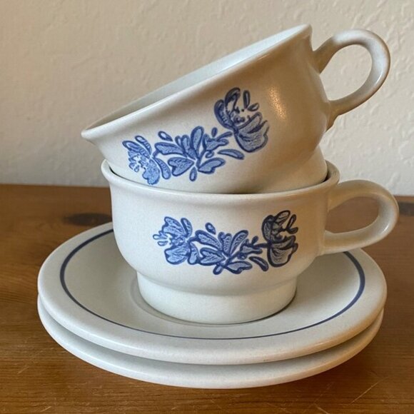 Set of 2 Cups Mugs & Saucers Pfaltzgraff Yorktowne Stone Blue Gray - Picture 1 of 4